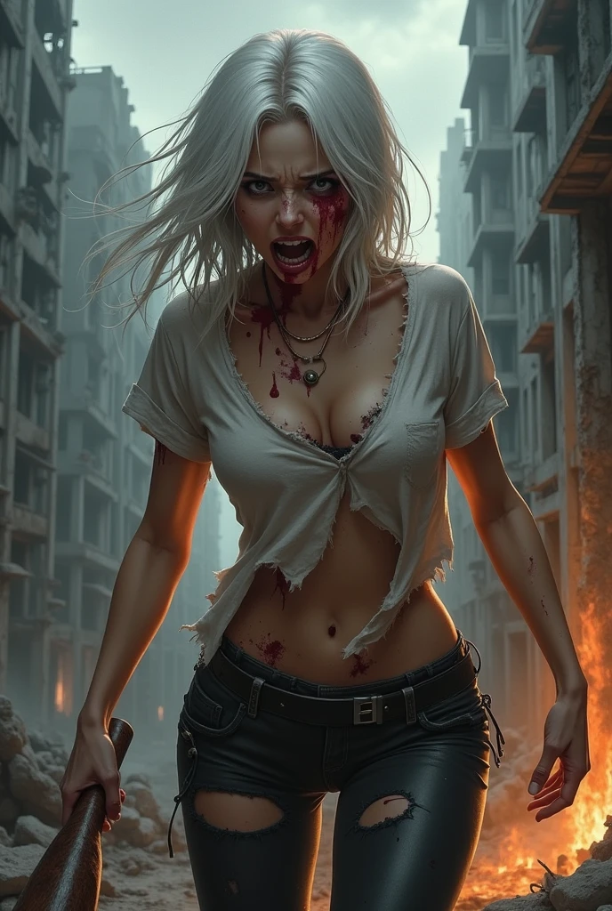 Young woman, post apocalypse, Zombie, ruined city, flame, face in blood, torn T-shirt,boobs are visible, bare chest, without pants, Lace panties, put on panties, Without shorts, scratches, holes in the t-shirt, White hair, black tights, full tights, A bat in his hand