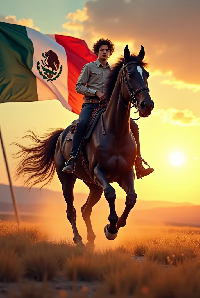 A young rider on a black Friesian horse, riding at full speed on the Mexican plains. The Mexican flag waves in the wind, full of vibrant colors. The rising sun, creating a spectacular contrast. Modern and dynamic visual style.