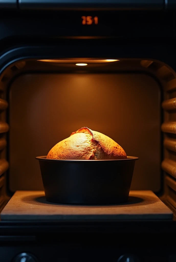 "Bread baking in a black modern oven with no items on top, orange lighting, no people present, focus on the oven, with the large bread rising inside a black round pan."