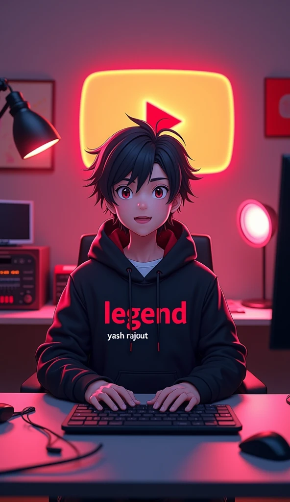 A vibrant and engaging anime-style 1 boy with a smart appearance, sitting behind a modern computer desk. He iswearing a black and red hoodie with the Channel name Legend Yash Rajput ' written on it. In front of him on the desk is a laptop, along with a microphone and various recording equipment. In the background, a YouTube golden play button with the name 'Legend Yash Rajput' is displayed on the wall. The room has a modern YouTube studio aesthetic with professional lighting, making the character stand out. The image is highly engaging and attractive, with a 16:9 ratio, perfect for an AI talking avatar video.Less