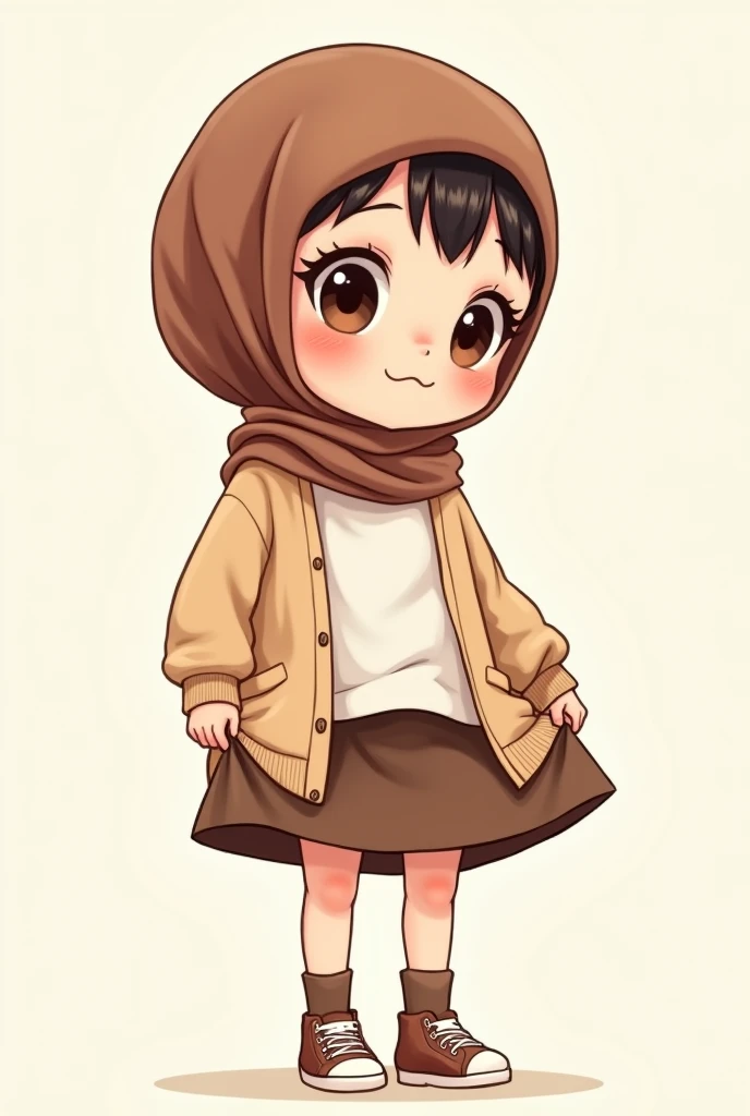Cartoon with text:
(masterpiece, best quality, 4k, expressive eyes, perfect face, 2d style, flat style, hand drawn), Cute and adorable face, big detailed eyes,, Cute little cartoon girl, with brown hijab on, bangs, wearing oversized beige cardigan, white shirt, brown skirt, ((brown socks)), sneakers, showing her panties, pulling up her skirt, upskirt, exposed legs, white underwear