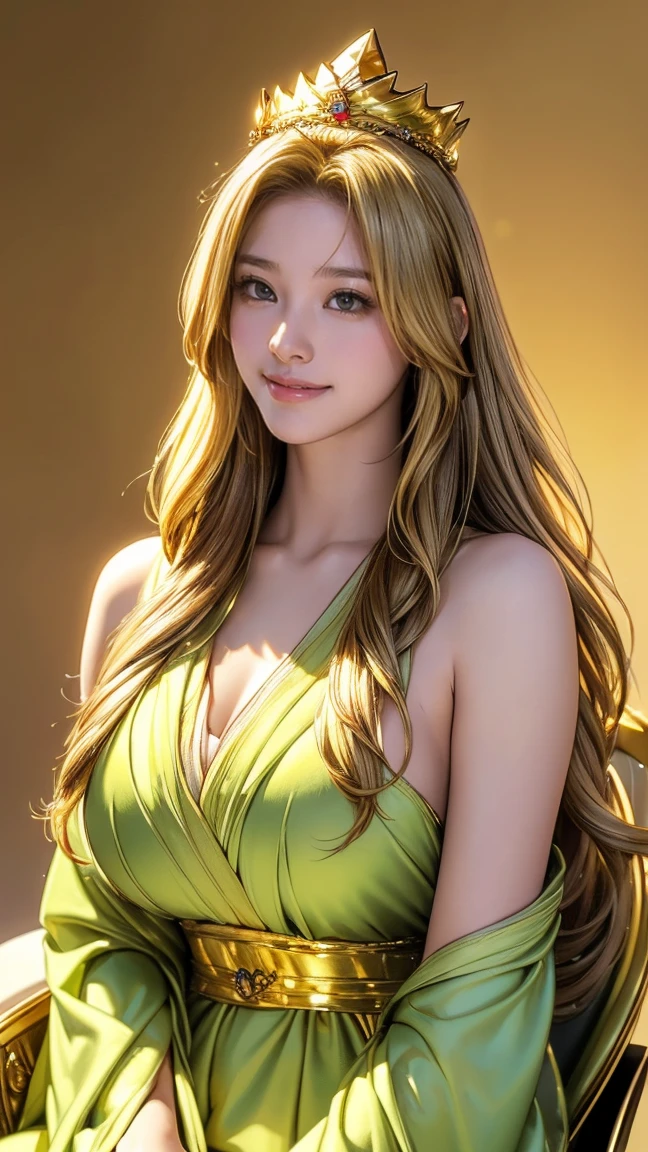 (Very detailed, Realistic, Highest quality, 4K, 8k, High resolution, masterpiece:1.3), An attractive flight attendant with a graceful and elegant figure. Erin Anderson is tall and slender, long, Long, wavy, golden blonde hair styled in loose curls. Long hair that reaches down to the ????????.She has attractive, friendly, bright green eyes.（Long hair that reaches down to the ????????:1.5）((とてもlong髪))((Smile、Embarrassed smile))　((breathtaking beauty, flowing robes, golden crown on her head, goddess-like demeanor, ethereal atmosphere, majestic throne:1.3)),