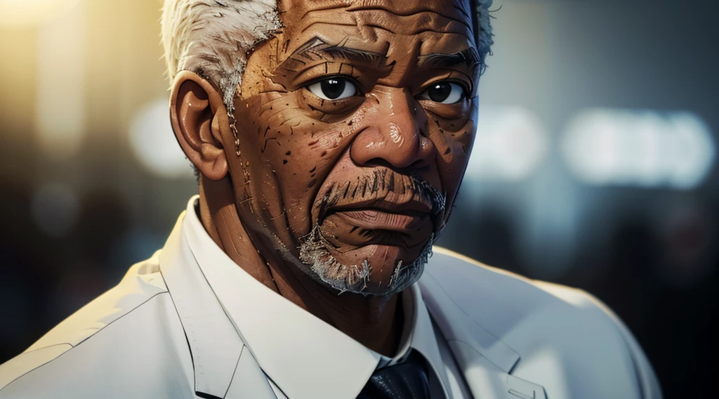 Morgan Freeman in a realistic style, captured in a moment where he is explaining something with great emphasis. His expression is serious and thoughtful, with focused eyes and slightly raised eyebrows. The bust is centered, highlighting his classic gray beard and short gray hair. He wears a dark blazer and light shirt., with the background blurred to keep the focus on the face. Soft lighting highlights your features and skin tones, creating an atmosphere of wisdom and depth
