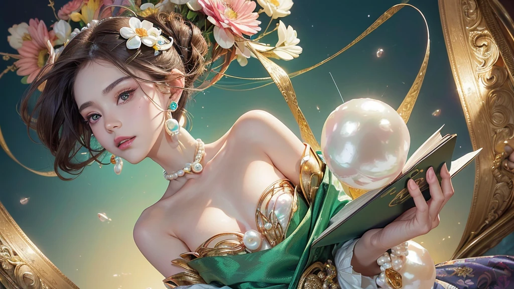 32K, 最高quality, 最高masterpiece, (ultra-Detailed Background, Detailed Background), High resolution, Super detailed, Very detailedな, 1 personの, (bouquet:1.3), (Tangled:1.2), (Geometric:1.2),(colorful),(masterpiece, quality, best quality, Official Art, Beautiful and beautiful:1.2), (1 person:1.3), Very detailed,(colorful:1.1)(Flowers:1.3),Most detailed,(Tangled:1.2), whole body, (Abstract background:1.3), (Skin glows), (Many colors:1.4), ,(Earrings Pearl:1.5), Light green background, It's imaginative., Brunette Hair, Updo, Holding a book, Holding a pen, Satin shirt