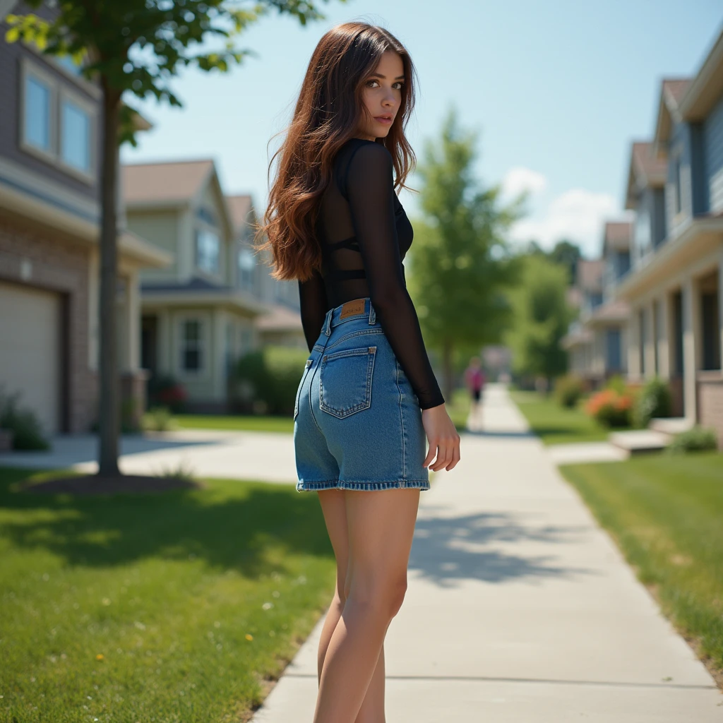 brown hair, shoulder long, teenanger, show entire body, shoes in view, side view, wearing blue small straight skirt, wearing black sheer transparent thin stay ups, wearing black long sleeve tight fiiting bodys, wearing white sneaker, sunny day, staying in neighboorhood, aerial photography, 20 years old, realistic