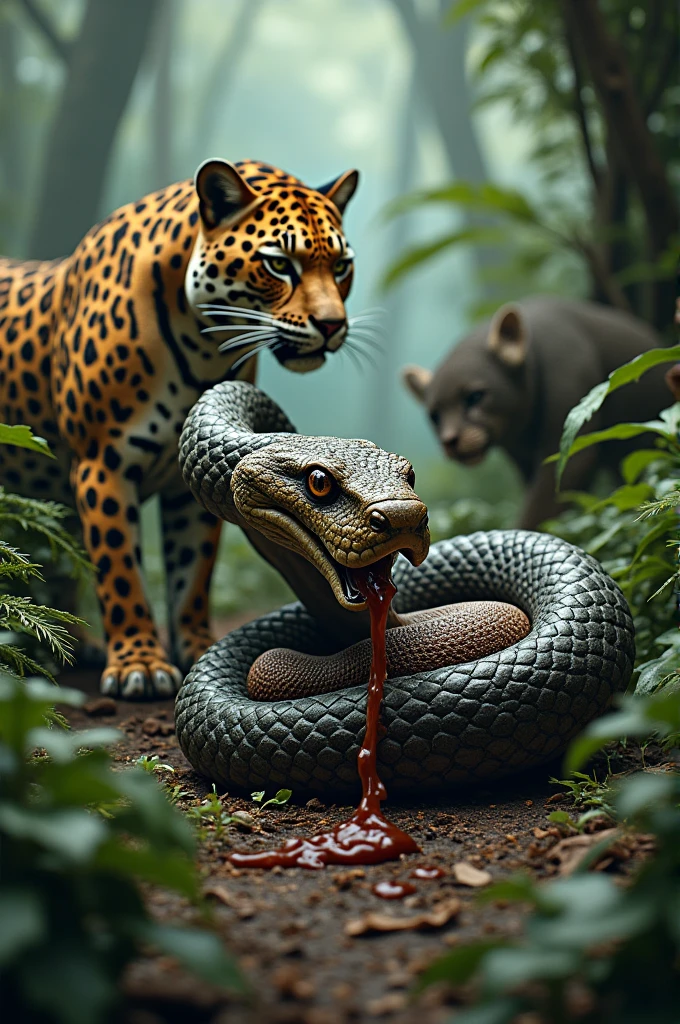 Generate a drawing of a snake with an armadillo in its mouth next to a jaguar