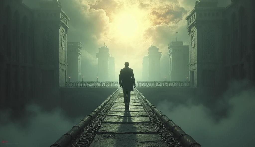 Bridge between hell and heaven. A man walks across the bridge from hell to heaven. background demon (transparent : 50%)