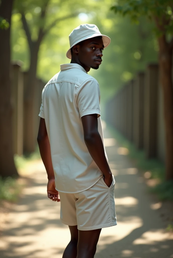 best qualityer:1.4), (ultra high resolution:1.2), (photorrealistic:1.4), (8k, CRU photo:1.2), a thin young man of 20 years old, skin black, with a smooth, beardless face, corte de cabelo buzzcut. He is wearing a white button-down shirt and white shorts.. He is wearing a white bucket hat. He is facing away as if he were walking, looking back with a seductive look.. It&#39;s in a hallway with light on the floor. There are trees around. thin build. 1,75cm tall.