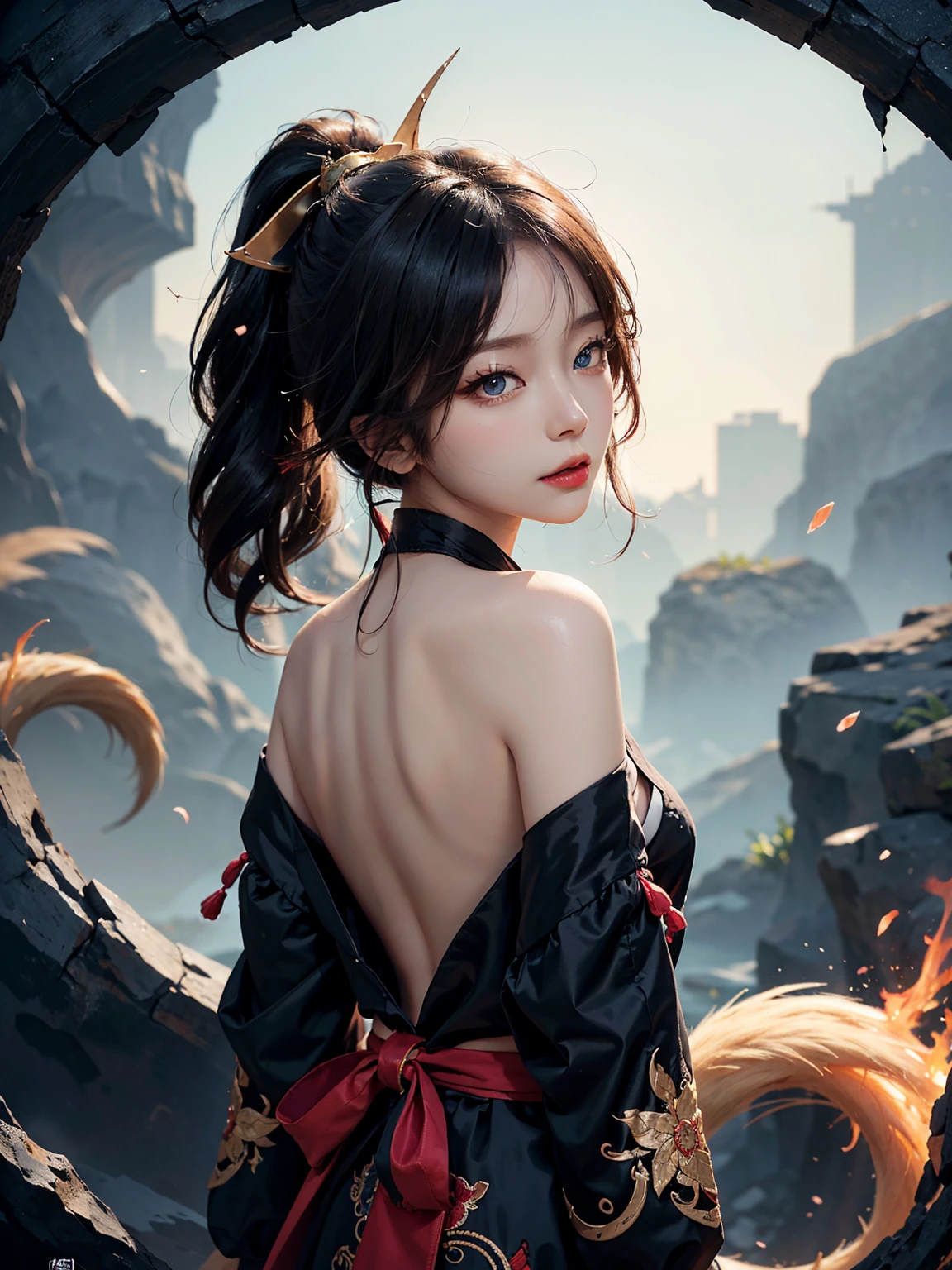 (A Divine Beast), Nine-Tailed Demon Fox, foxes ear, animal ears, animal tails, Dynamic Body Type, (Chinese Monster), beautiful, Splashed Ink, Chinese, 1girl, ((2.5D)), Floating Hair, Beautiful Eyes, Delicate Eyes, Delicate Silhouette, dynamic pose, casual posing, perfect body, perfect anatomy, detailed iris, sparkle eyes, star in eyes, enchanting blue eyes, red lips, sharp eyelashes, (multicolored eyes), (black hair:1.3), (long ponytail:1.3), (hair between eyes), (hair over one eye:1.3), (floating ponytail:1.3), (high ponytail), hair pin, hair ornaments, hair garments, detailed collarbone, perfect collarbone, Fantasy Art, (Black and Red Antique Brocade Hanfu), FOV, (Masterpiece), Frontal Shot, Side Portrait, from back, bare back, perfect shoulder blades, White Background, (Movie Poster), Sharp, Splash, Cloud, Petals, Empty, Sky, (Wide Angle Lens), Vista