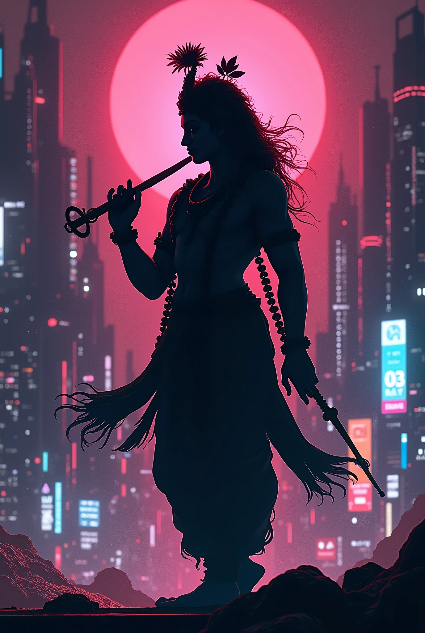 Shadow image of lord krishna with cyberpunk background 