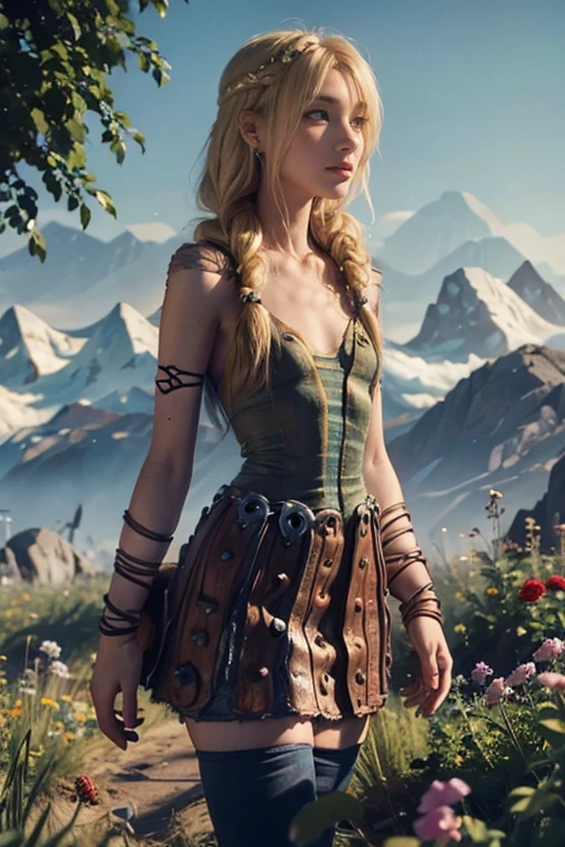 astrid hofferson, naked, Skinny body, small bust, very feminine, beautiful passage, the flowers shine, mountains in the distance