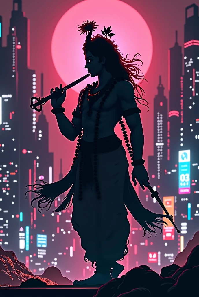 Shadow image of lord krishna with cyberpunk background 