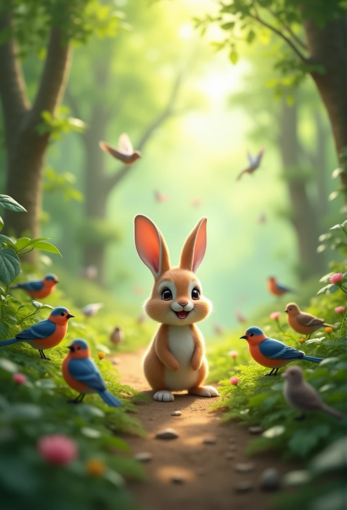 A rabbit, Forest walk, Lots of birds, Lots of animals, Happy, Happy, perfect quality, Be focused (Messy House: 0.8), (masterpiece: 1.2) (Practical: 1.2) (Bokeh) (best quality) ( Delicate skin: 1.3) (Intricate details) (8K) (Eye details) (Sharp focus), (Happy)