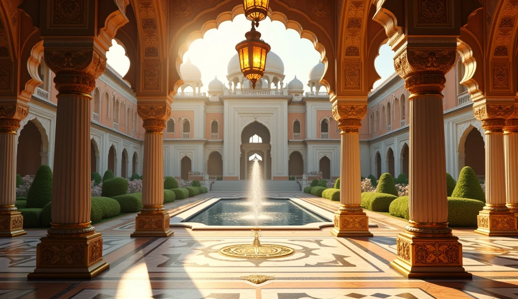 a grand palace, intricate architecture, lush gardens, opulent residence of king akbar, detailed interior, ornate decorations, golden accents, beautifully landscaped grounds, sunlight streaming through windows, reflective pools, ornamental fountains, luxurious furnishings, grand staircase, elegant chandeliers, (best quality,4k,8k,highres,masterpiece:1.2),ultra-detailed,(realistic,photorealistic,photo-realistic:1.37),cinematic lighting,sweeping vistas,dramatic shadows,vibrant colors,intricate details,historical fantasy, King Akbar's Palace - A grand palace with intricate architecture and lush gardens, highlighting the opulence of King Akbar's residence.
