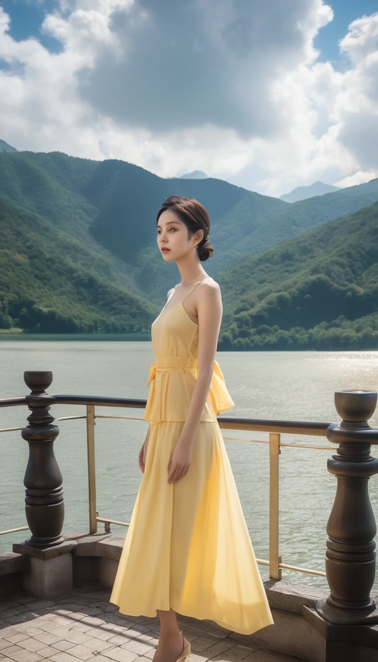 Highest quality,masterpiece,Ultra-high resolution,(Actual:1.4),オリジナルphotograph,Ultra-high resolution,8k,face,Real,Zoom in, Perfect Skin, Glowing Skin, Silky to the touch, Uniform texture,lake,river,Mountain,Fair skin,Exquisite makeup,lake,Yellow dress,Long legs,Bright and beautiful,Blue sky,Clouds are flowing、A scene from a movie,photograph,