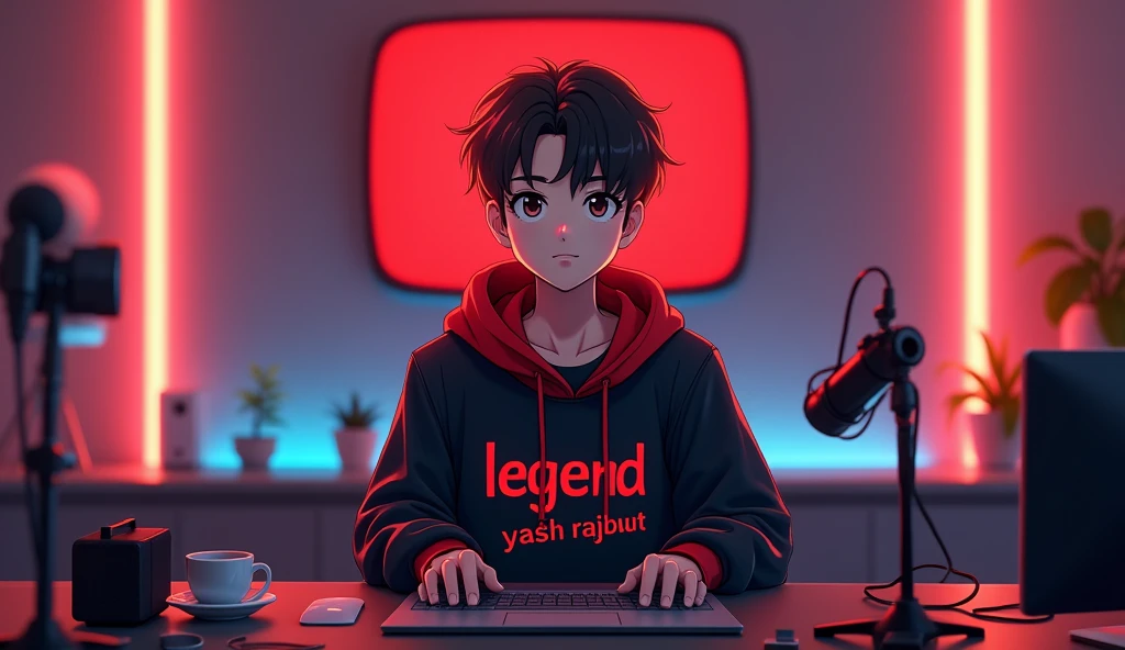 A vibrant and engaging anime-style 1 boy with a smart appearance, sitting behind a modern computer desk. He iswearing a black and red hoodie with the Channel name Legend Yash Rajput ' written on it. In front of him on the desk is a laptop, along with a microphone and various recording equipment. In the background, a YouTube golden play button with the name 'Legend Yash Rajput' is displayed on the wall. The room has a modern YouTube studio aesthetic with professional lighting, making the character stand out. The image is highly engaging and attractive, with a 16:9 ratio, perfect for an AI talking avatar video.Less