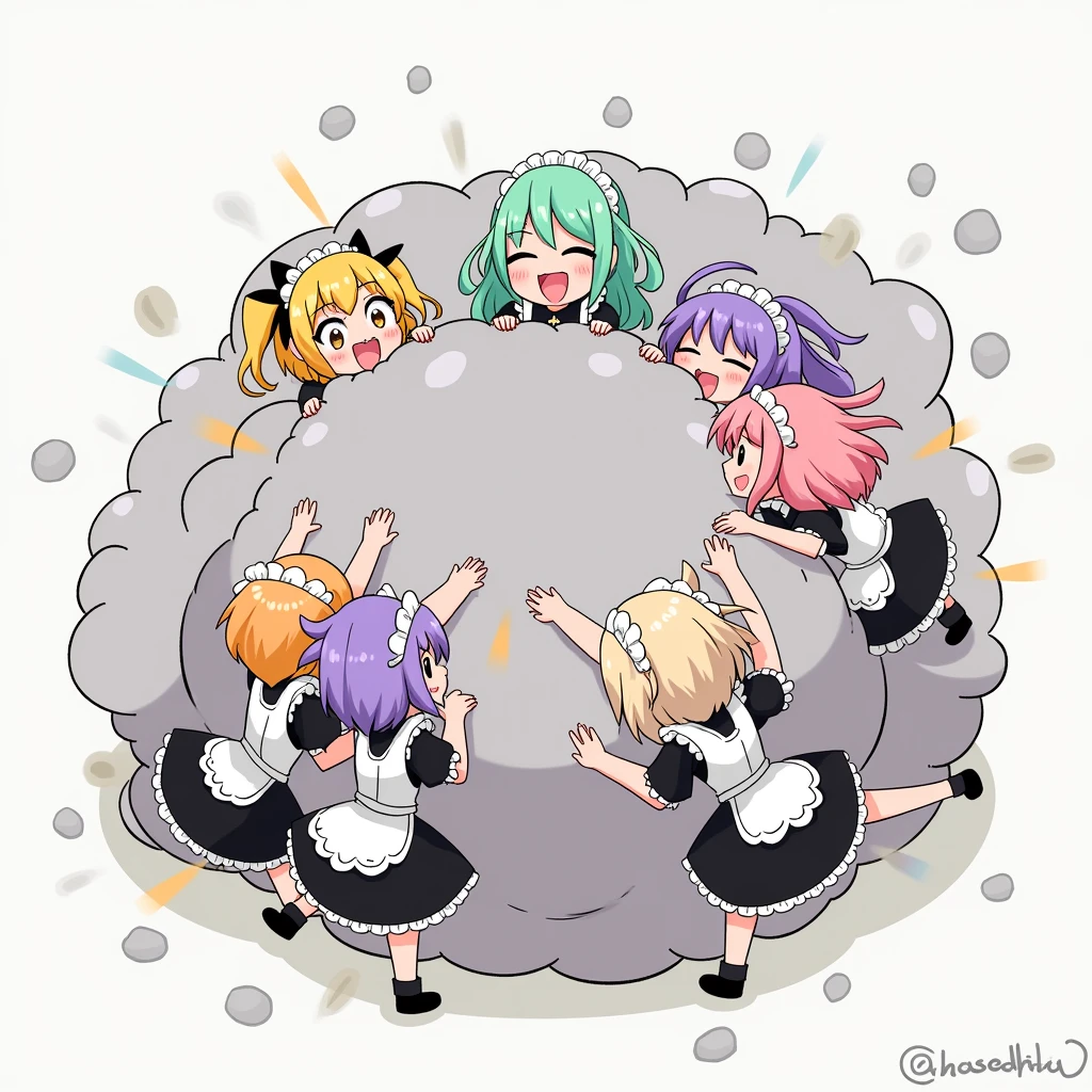 An anime-style illustration depicting many maids and many girls playfully wrestling with each other inside a gray comical fight cloud (dust cloud).
each girl and maid has different  colored hair.
their faces,hands,and feet are visible emerging from the cloud as they tussle humorously,  with the rest of their bodies completely hidden inside the cloud.
the illustration emphasizes the humorous and energetic nature of their scuffle,with a fluffy  and exaggerated fight cloud.