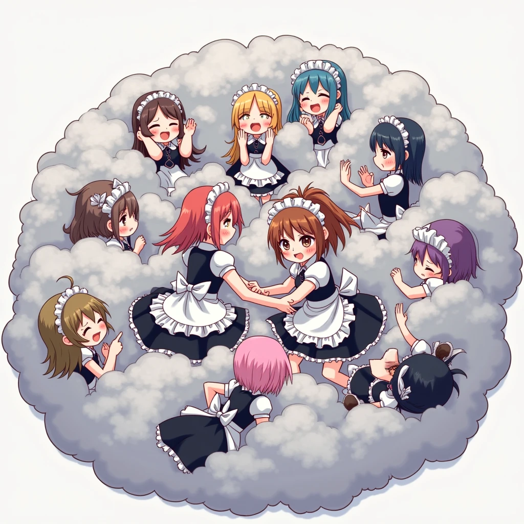 An anime-style illustration depicting many maids and many girls playfully wrestling with each other inside a gray comical fight cloud (dust cloud).
each girl and maid has different colored hair.
their faces,hands,and feet are visible emerging from the cloud as they tussle humorously, with the rest of their bodies completely hidden inside the cloud.
the illustration emphasizes the humorous and energetic nature of their scuffle,with a fluffy and exaggerated fight cloud.