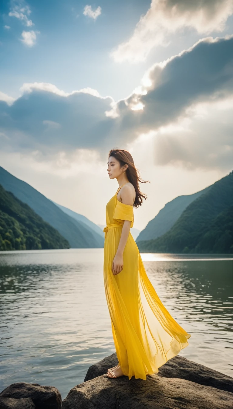 Highest quality,masterpiece,Ultra-high resolution,(Actual:1.4),オリジナルphotograph,Ultra-high resolution,8k,face,Real,Zoom in, Perfect Skin, Glowing Skin, Silky to the touch, Uniform texture,lake,river,Mountain,Fair skin,Exquisite makeup,lake,Yellow dress,Long legs,Bright and beautiful,Blue sky,Clouds are flowing、A scene from a movie,photograph,