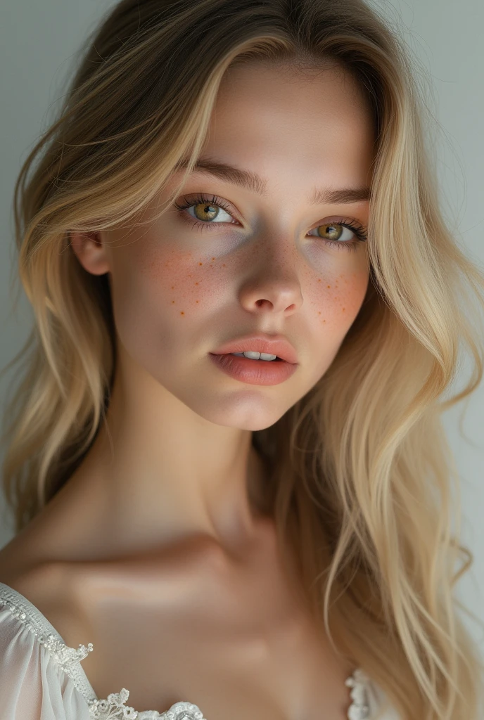 woman with long wavy blonde hair, with brown eyes, white skin, freckles on her face and operated lips