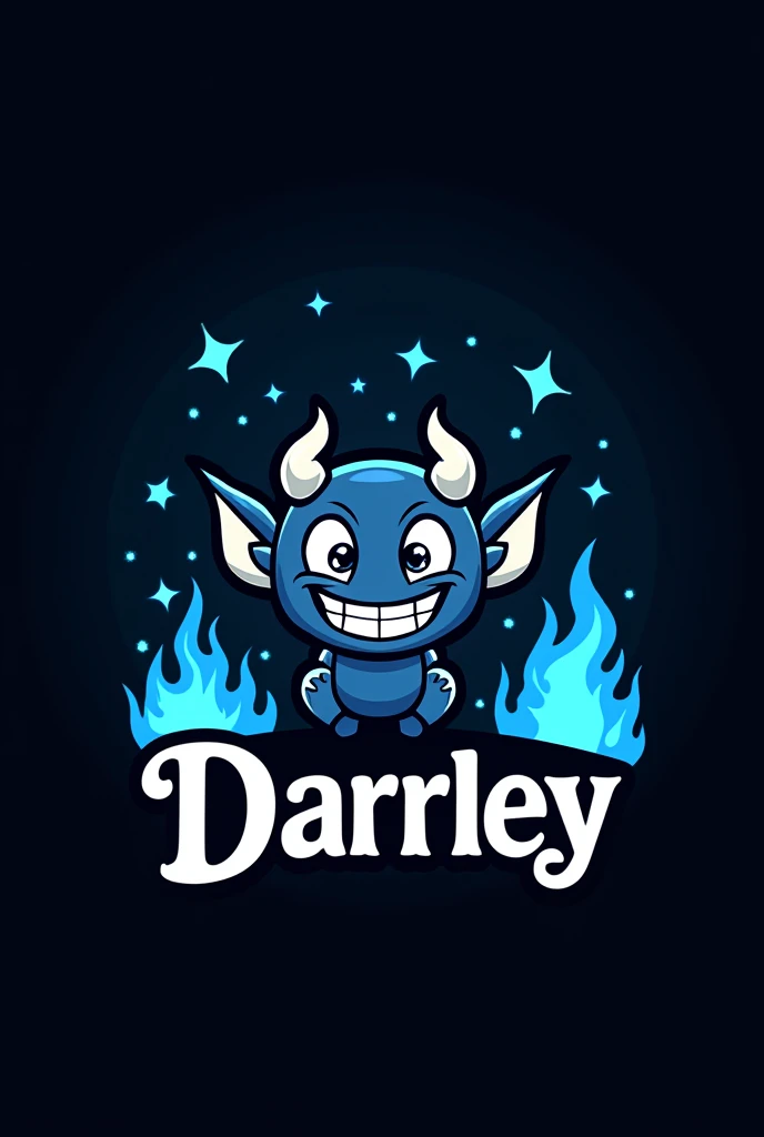 Darrley's inscription, Black background, blue flame below, blue sparks from flame, Cartoon devil in the center, the devil smiles, the devil is small and cute, all sorts of white geometric objects on the background, objects are blurred in the background, devil and inscription blue and white, Logtype, Darrley under the devil