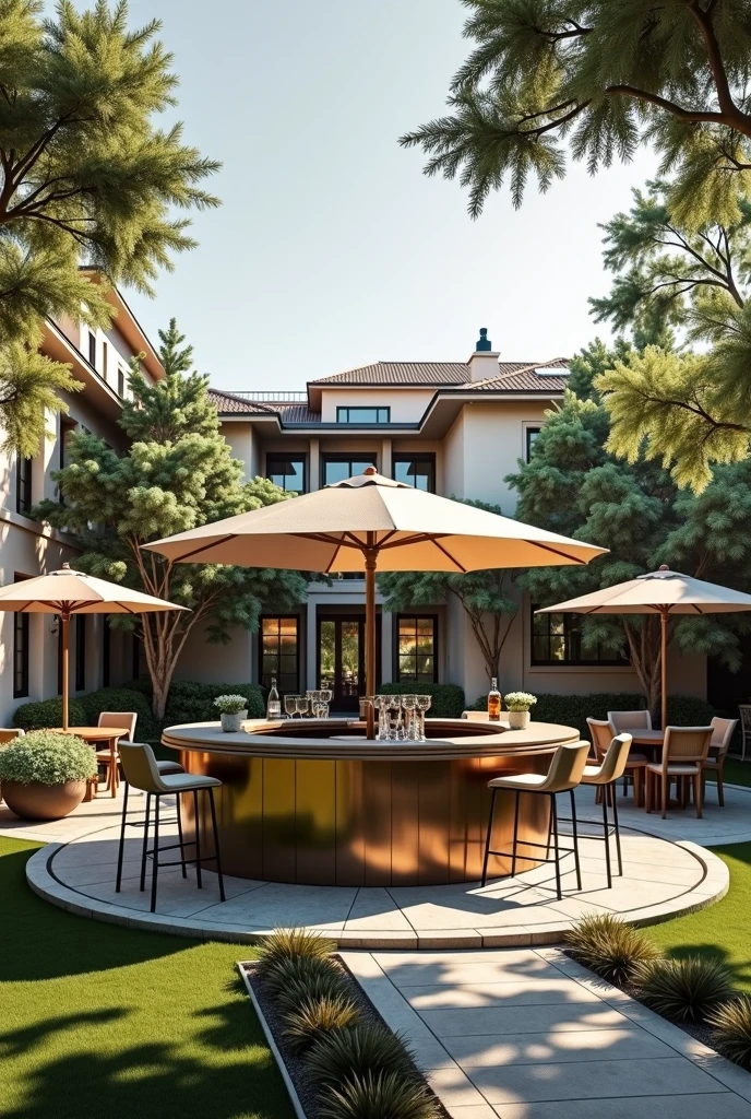 Round、The bar is made of stainless steel、The bar should be grand、High-end，There should be a parasol in the middle of the bar、Outdoor use、Use in camping scenes、Reality，Display different angles