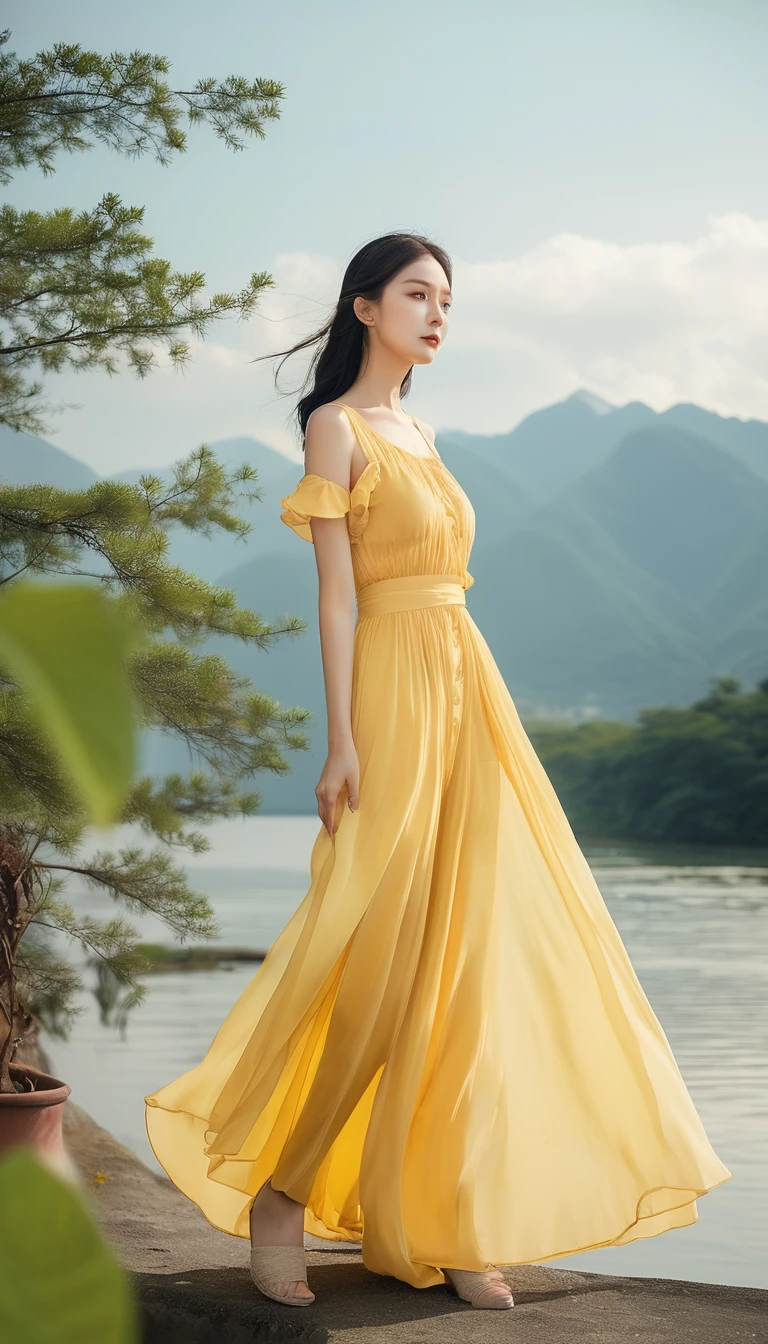 Highest quality,masterpiece,Ultra-high resolution,(Actual:1.4),オリジナルphotograph,Ultra-high resolution,8k,face,Real,Zoom in, Perfect Skin, Glowing Skin, Silky to the touch, Uniform texture,lake,river,Mountain,Fair skin，Exquisite makeup，lake，Yellow dress，Long legs，Bright and beautiful，Blue sky,Clouds are flowing、A scene from a movie,photograph,