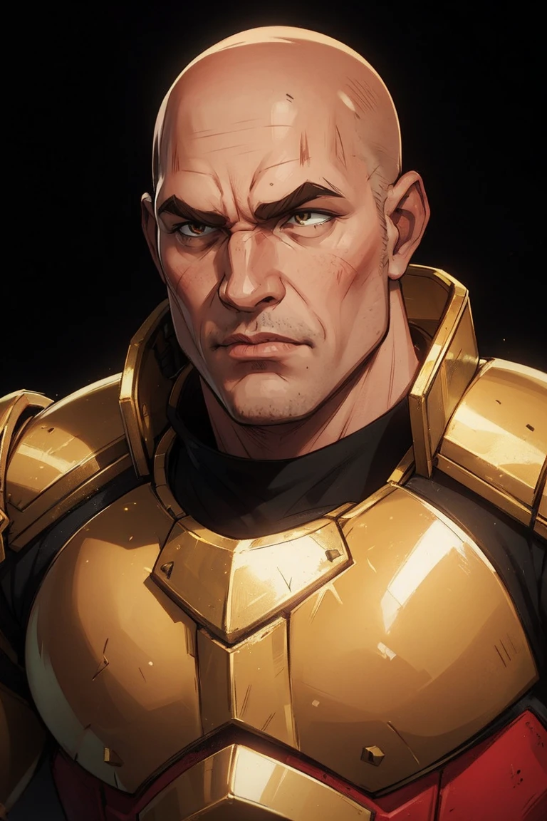 Warhammer 40k Space Marine in Yellow Imperial Fist power armor with bald weathered face, (upper body Portrait), 4k, highly detailed face
