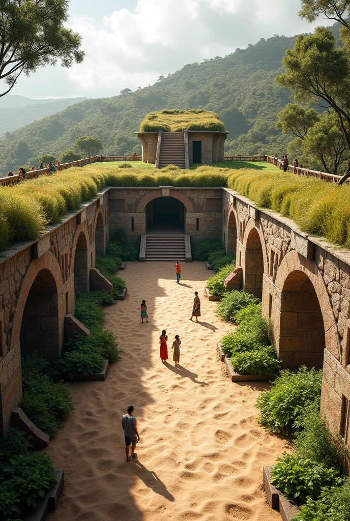An image inside the Pachacamac sanctuary, lurin in the upper area that allows to take advantage of its height with platforms and a stone viewing point and a roof made based on plants. You can create organic gardens on the side in the form of sidewalks and other things without losing that historical sense and cultural value and without harming its sandy ecosystem.
