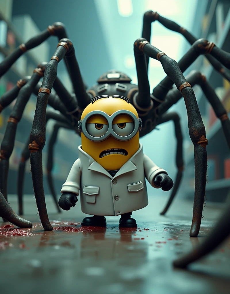 Minion Kevin white scientist suit. under attack by giant spiders. giant spider crushed his leg 