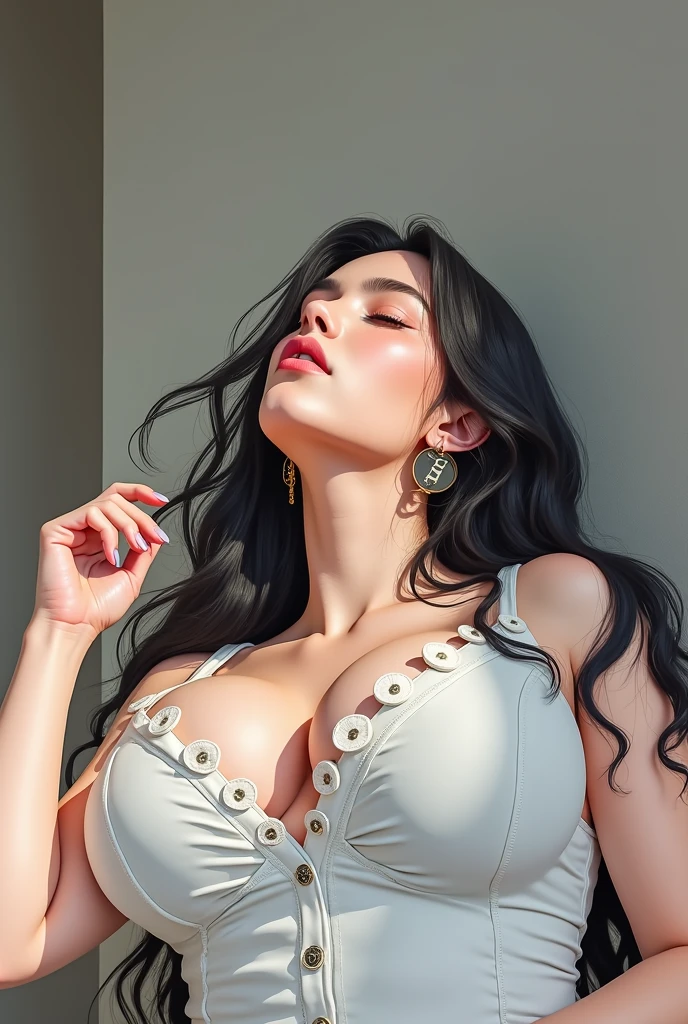 girl with long black hair, large breasts, taking a selfie,(best quality,4k,8k,highres,masterpiece:1.2),ultra-detailed,(realistic,photorealistic,photo-realistic:1.37), seductive pose, natural lighting, 