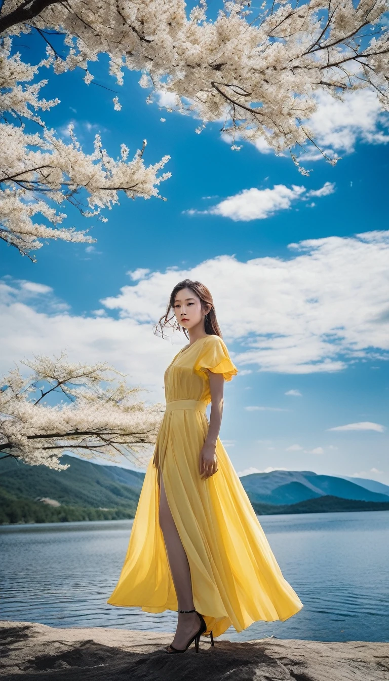 Highest quality,masterpiece,Ultra-high resolution,(Actual:1.4),オリジナルphotograph,Ultra-high resolution,8k,face,Real,Zoom in, Perfect Skin, Glowing Skin, Silky to the touch, Uniform texture,lake,river,Mountain,Fair skin,Exquisite makeup,lake,Yellow dress,Long legs,Bright and beautiful,Blue sky,Clouds are flowing、A scene from a movie,photograph,
