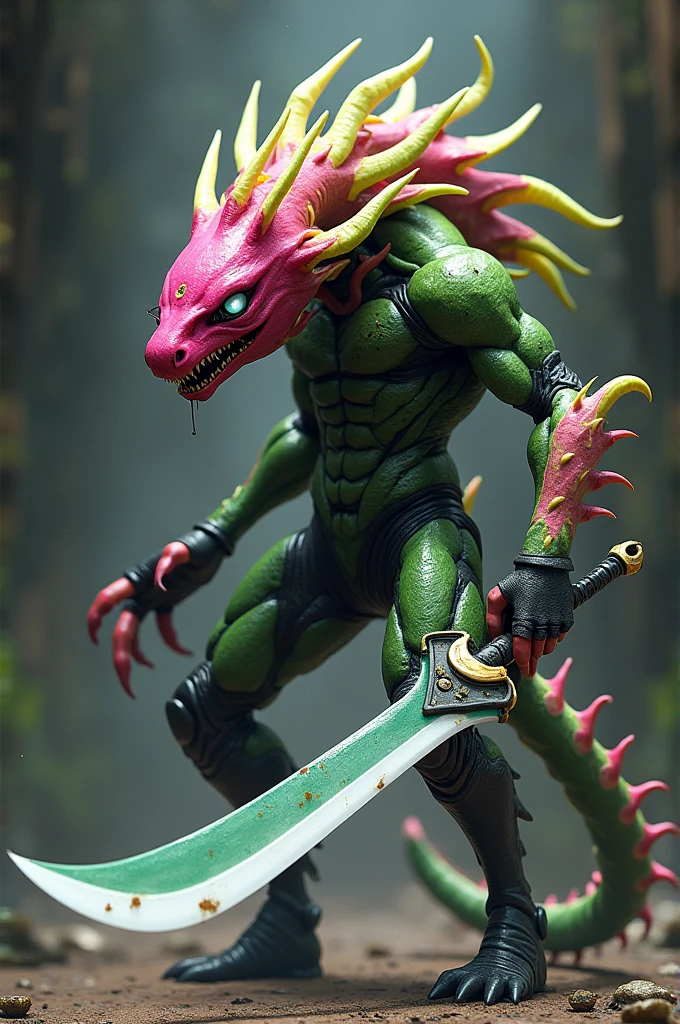Personnage inspiré du fruit du dragon avec une têtes au couleur du fruit du dragon avec une queue agenda mélange a du vert palpe a du blanc avec du noir un corps avec les couleurs du fruit du dragon une épée blanche mélange de l'agenda foncé avec du vert une tête au couleur du fruit du dragon avec des yeux noir est blanc des jambes au couleur du fruit du dragon des ailes au couleur du fruit du dragon est un côté de combattant dangereux