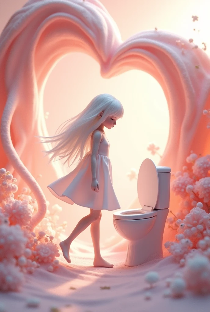 Porcelain girl with white hair and short white dress is walking around the mini smart toilet in a romantic pink heart scene