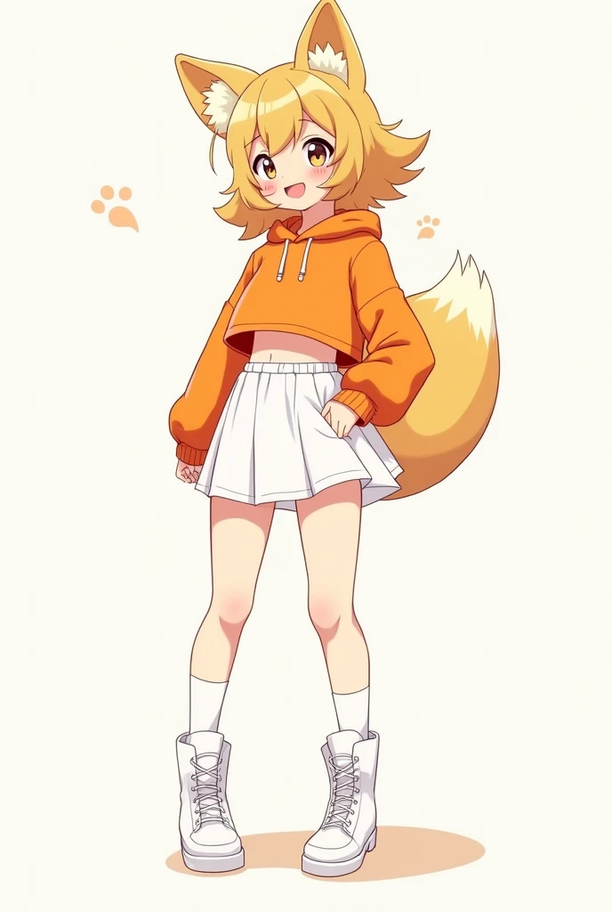 anime girl have a smiley face with a fox ear wearing an orange crop hoodie, white short skirt, stocking, white boots and full body no background