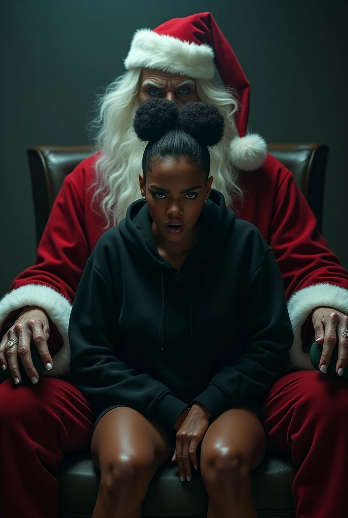 black woman hair in a bun black hoodie black leather short shorts eye wide open and scared look on her face setting on a scary santa claus lap