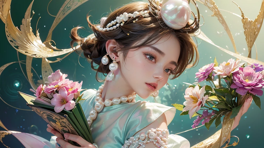 32K, 最高quality, 最高masterpiece, (ultra-Detailed Background, Detailed Background), High resolution, Super detailed, Very detailedな, 1 personの, (bouquet:1.3), (Tangled:1.2), (Geometric:1.2),(colorful),(masterpiece, quality, best quality, Official Art, Beautiful and beautiful:1.2), (1 person:1.3), Very detailed,(colorful:1.1)(Flowers:1.3),Most detailed,(Tangled:1.2), whole body, (Abstract background:1.3), (Skin glows), (Many colors:1.4), ,(Earrings Pearl:1.5), Light green background, It's imaginative., Brunette Hair, Updo, Holding a book, Holding a pen, Satin shirt