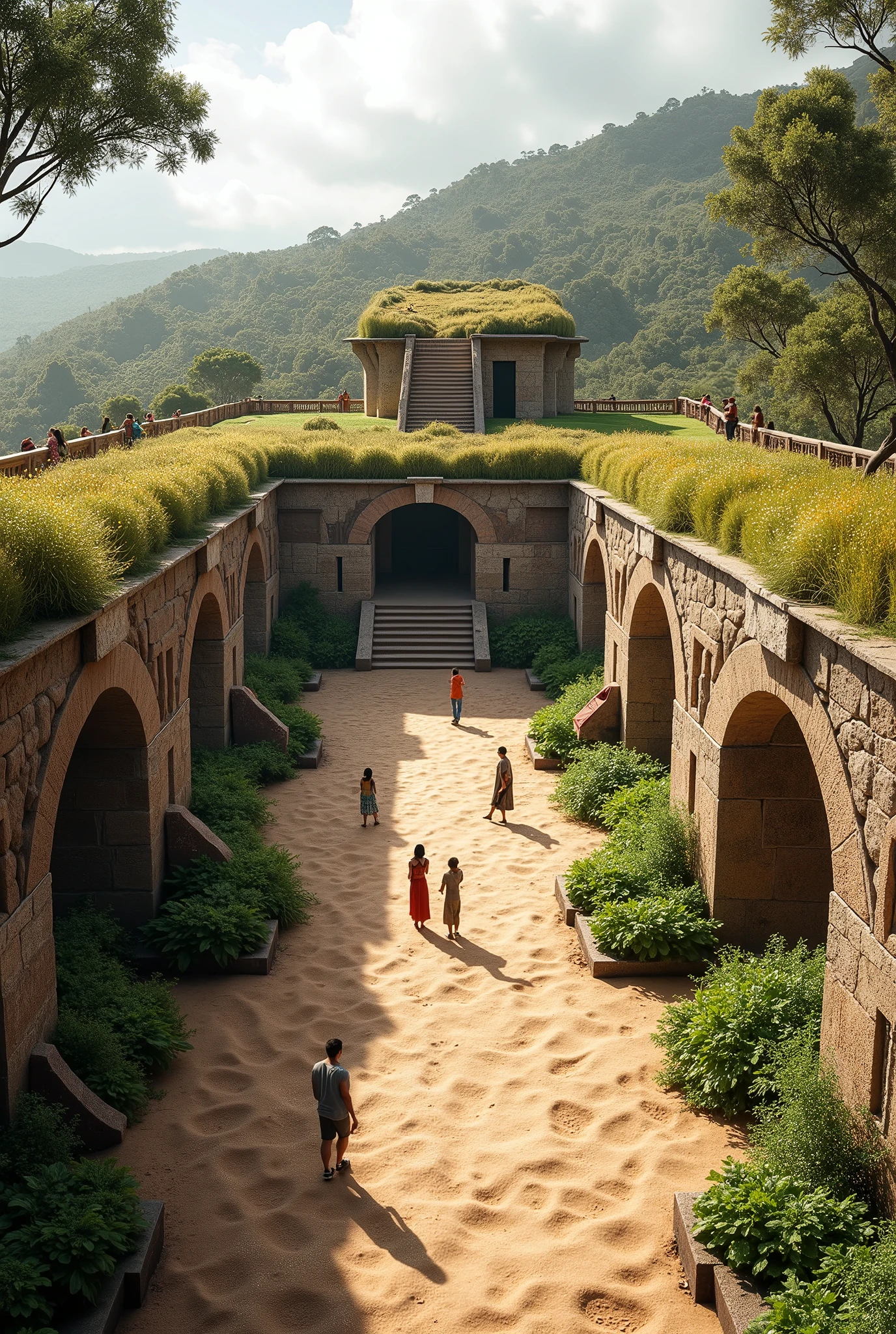 An image inside the Pachacamac sanctuary, lurin in the upper area that allows to take advantage of its height with platforms and a stone viewing point and a roof made based on plants. You can create organic gardens on the side in the form of sidewalks and other things without losing that historical sense and cultural value and without harming its sandy ecosystem.
