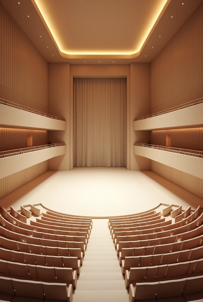 3d design of theatre that has 1078 seats and the first row has 25 seats and add 8 after 25 as the seats goes up to reach the 1078 seats and curved design simple the pov is on the stage

