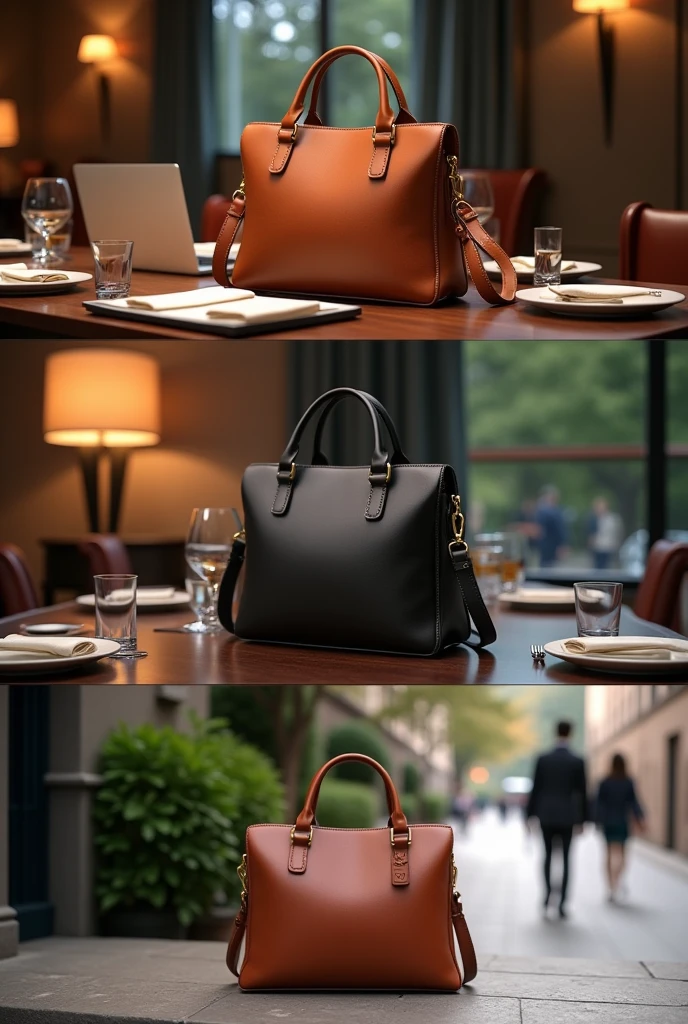 bag in different angles and situations: an elegant dinner, a business meeting, a casual walk