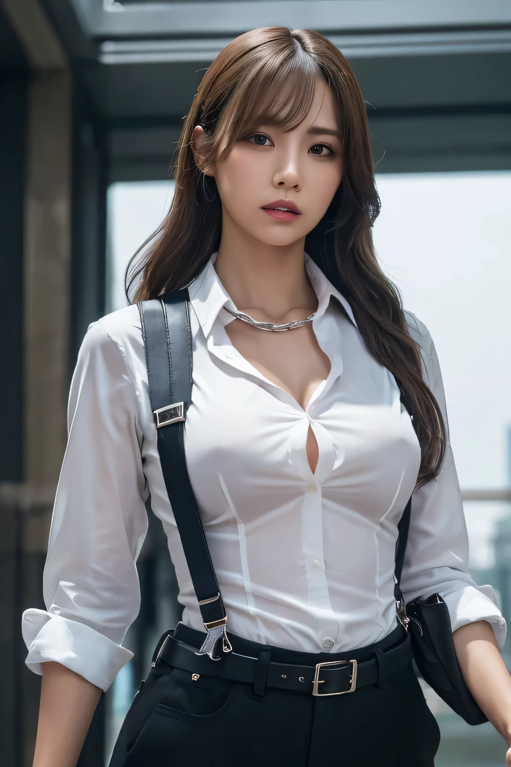 a woman in a suit, belt, hands behind back, sweating, suspenders, black pants, sexly, large breasts, see-through clothing, rain, detective, office worker, white button-up shirt, (best quality,4K,8k,highres,masterpiece:1.2),ultra-detailed,(realistic,photorealistic,photo-realistic:1.37),hyper-detailed,highly detailed face and body, Slender　thin　suspenders　Moderate breasts　See-through shirt　Nipples　holster　chain　Pistol　Armament　criminal　Female criminal　knife