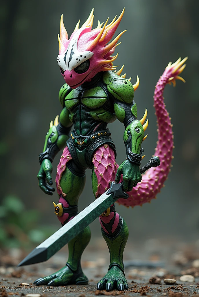 Personnage inspiré du fruit du dragon avec une têtes au couleur du fruit du dragon avec une queue agenda mélange a du vert palpe a du blanc avec du noir un corps avec les couleurs du fruit du dragon une épée blanche mélange de l'agenda foncé avec du vert une tête au couleur du fruit du dragon avec des yeux noir est blanc des jambes au couleur du fruit du dragon des ailes au couleur du fruit du dragon est un côté de combattant dangereux