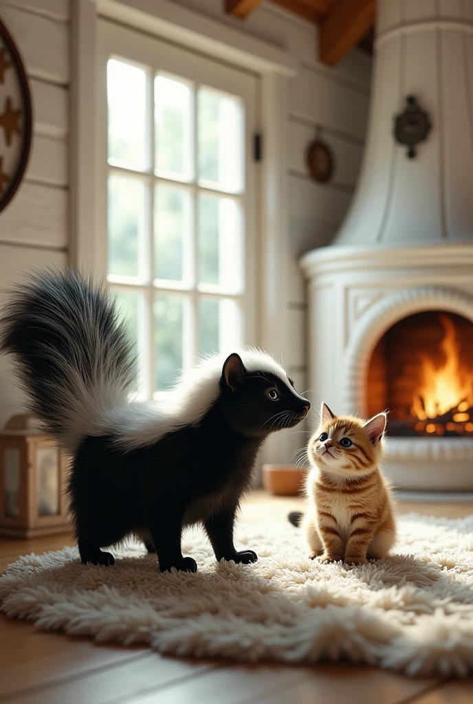 A skunk with a cat inside a white cabin, that the skunk is releasing a lot of its scent and that the cat is dizzy from the smell