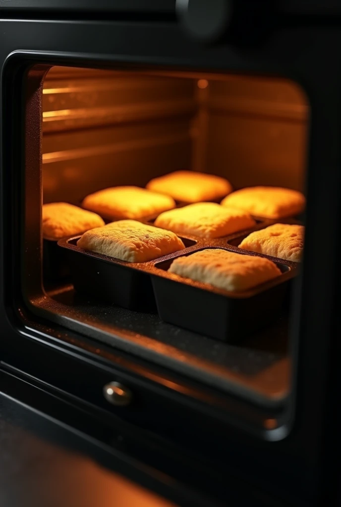 "Financiers baking in a black modern oven with no items on top, orange lighting, no people present, focus on the oven, with the financiers rising inside a black rectangular mold."