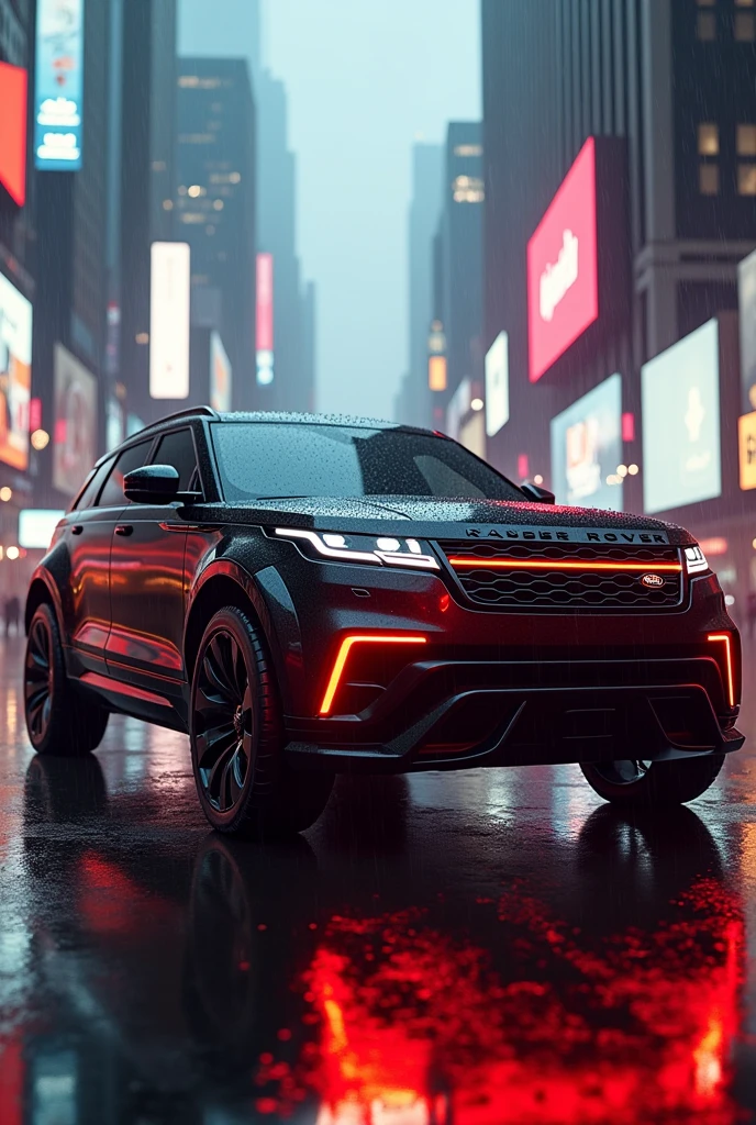 Range rover future black and red in new york city rainy weather