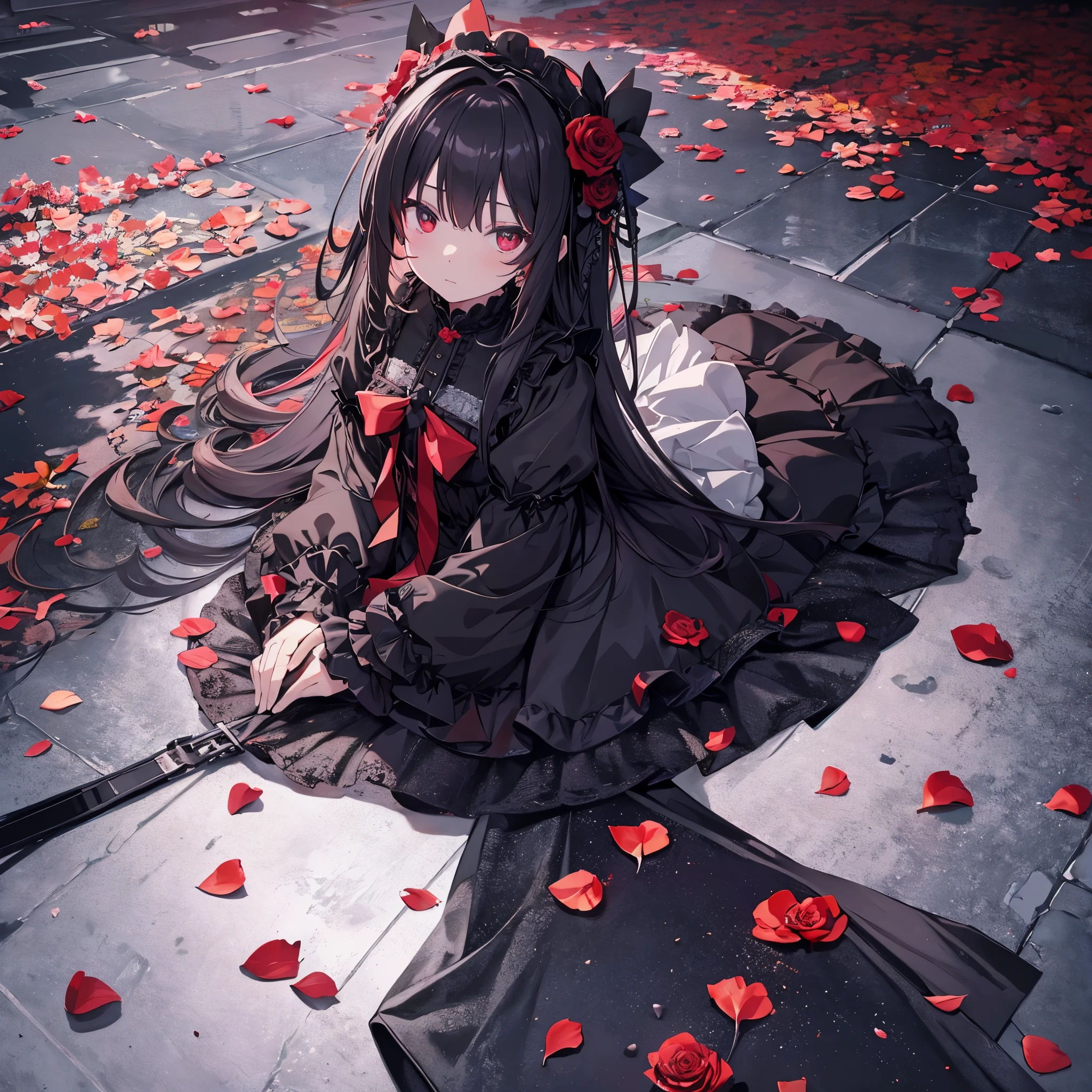 High resolution, Attention to detail, high quality, High resolution, 最high quality, 4K, 8k, Awards、break、Gothic、Gothic ta、break、Rose petals falling、Mystical artwork、Flat Color、Rose Floor Background、Wide-angle lens、alone,1 person