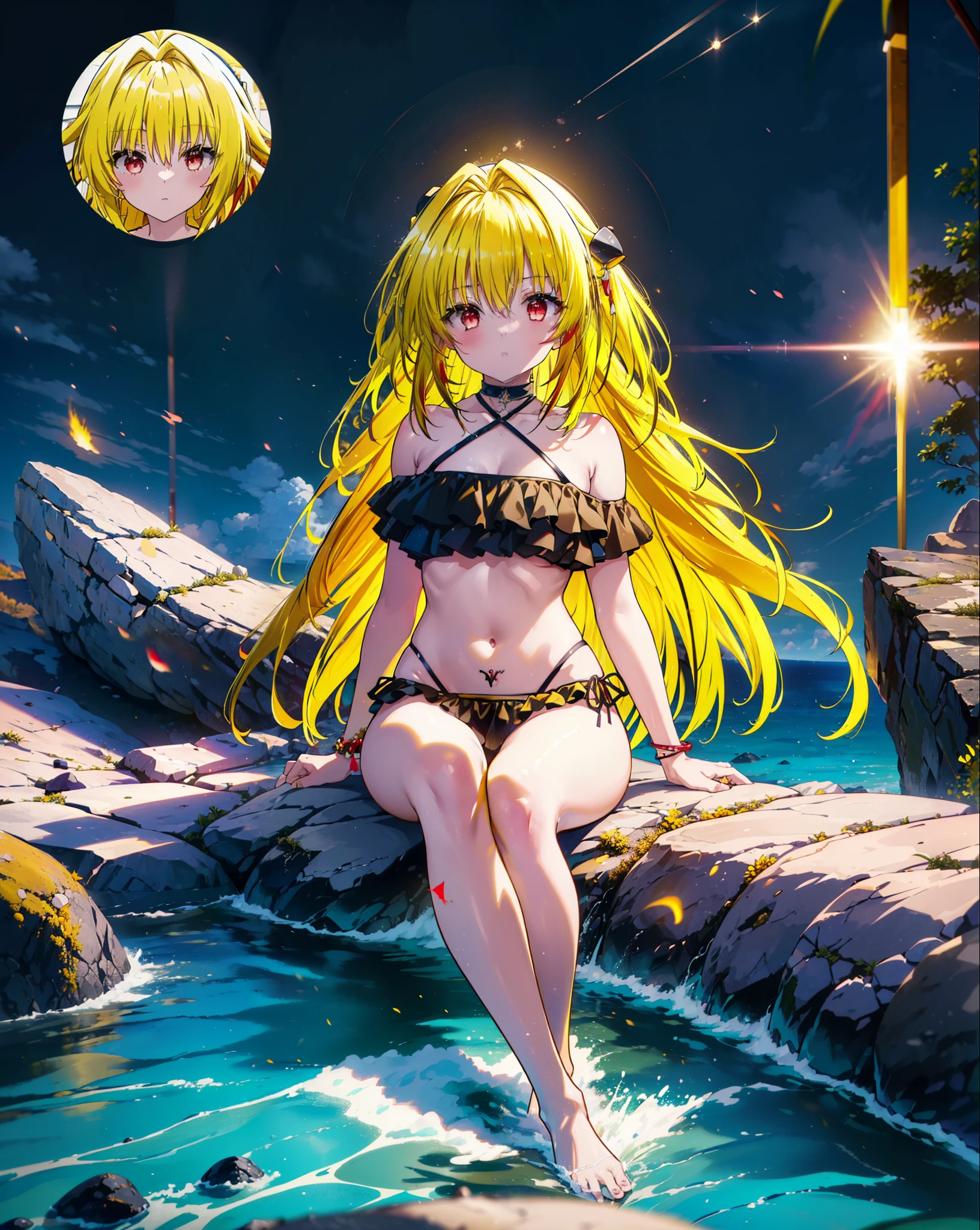 toloverumy, my, (Yellow Hair:1.5), Long Hair, (Red eyes:1.5), (hair ornaments:1.2), Both sides up, Black frilly bikini swimsuit,,barefoot,Sitting on a big rock,Rocky area,night,moonlight,meteor,whole bodyがイラストに入るように,
break outdoors, Beach,
break looking at viewer, whole body,
break (masterpiece:1.2), Highest quality, High resolution, unity 8k wallpaper, (figure:0.8), (Beautiful attention to detail:1.6), Highly detailed face, Perfect lighting, Highly detailed CG, (Perfect hands, Perfect Anatomy),