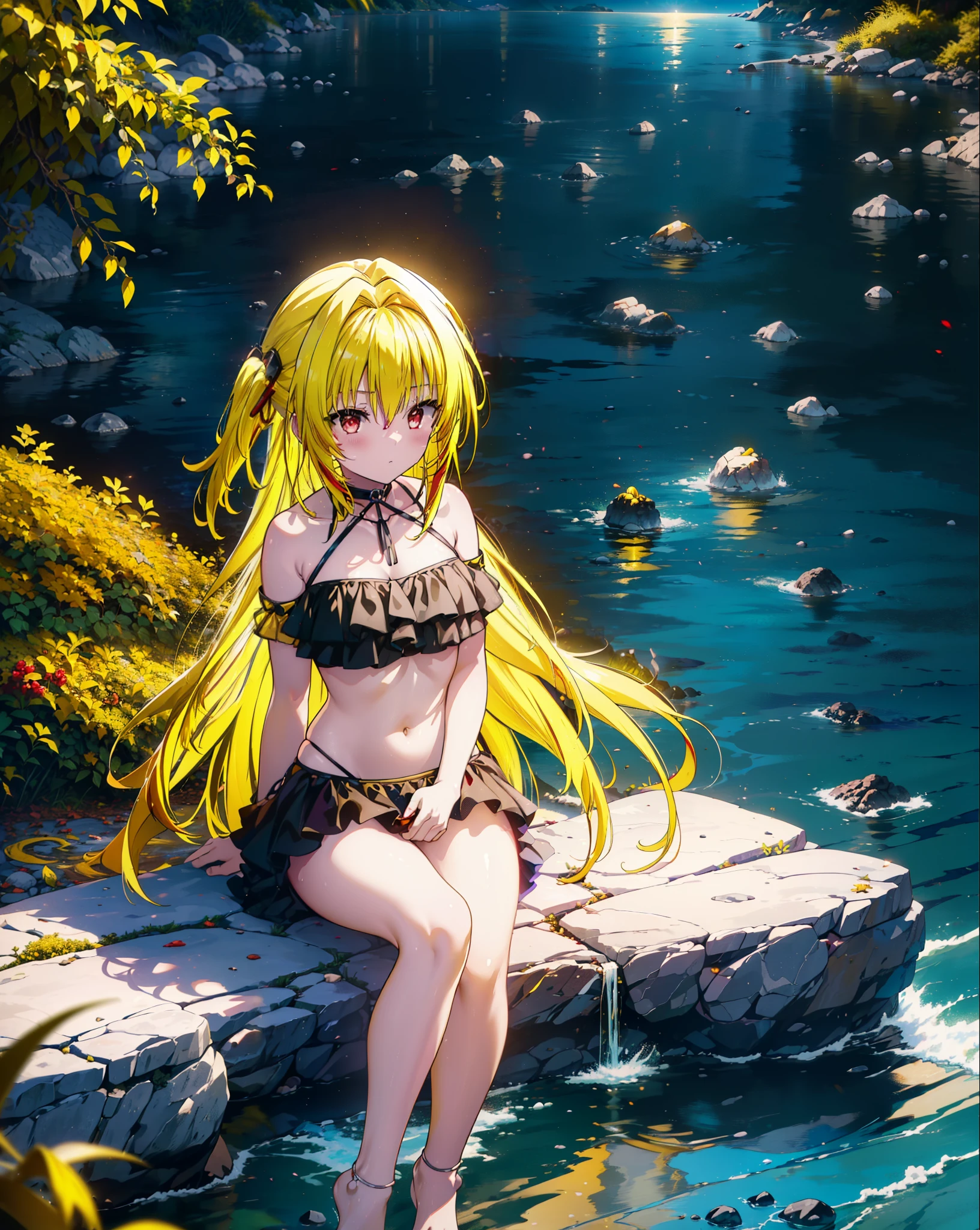 toloverumy, my, (Yellow Hair:1.5), Long Hair, (Red eyes:1.5), (hair ornaments:1.2), Both sides up, Black frilly bikini swimsuit,,barefoot,Sitting on a big rock,Rocky area,night,moonlight,meteor,whole bodyがイラストに入るように,
break outdoors, Beach,
break looking at viewer, whole body,
break (masterpiece:1.2), Highest quality, High resolution, unity 8k wallpaper, (figure:0.8), (Beautiful attention to detail:1.6), Highly detailed face, Perfect lighting, Highly detailed CG, (Perfect hands, Perfect Anatomy),