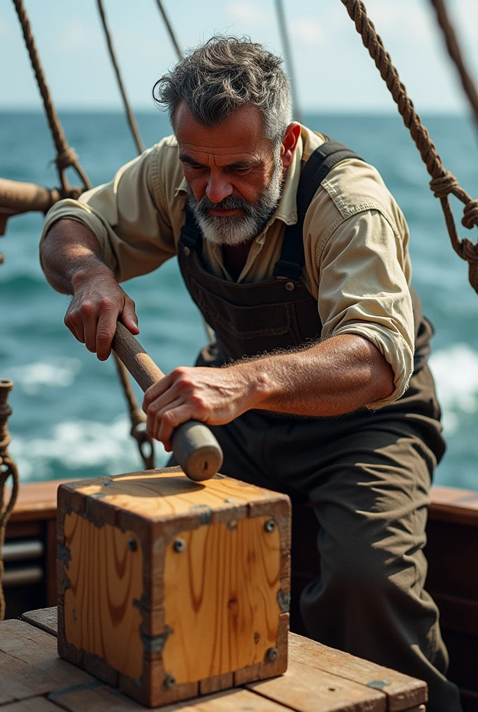 A  with a hammer in his hands hits a nail, nailing a cube to the deck of a tiny ship.