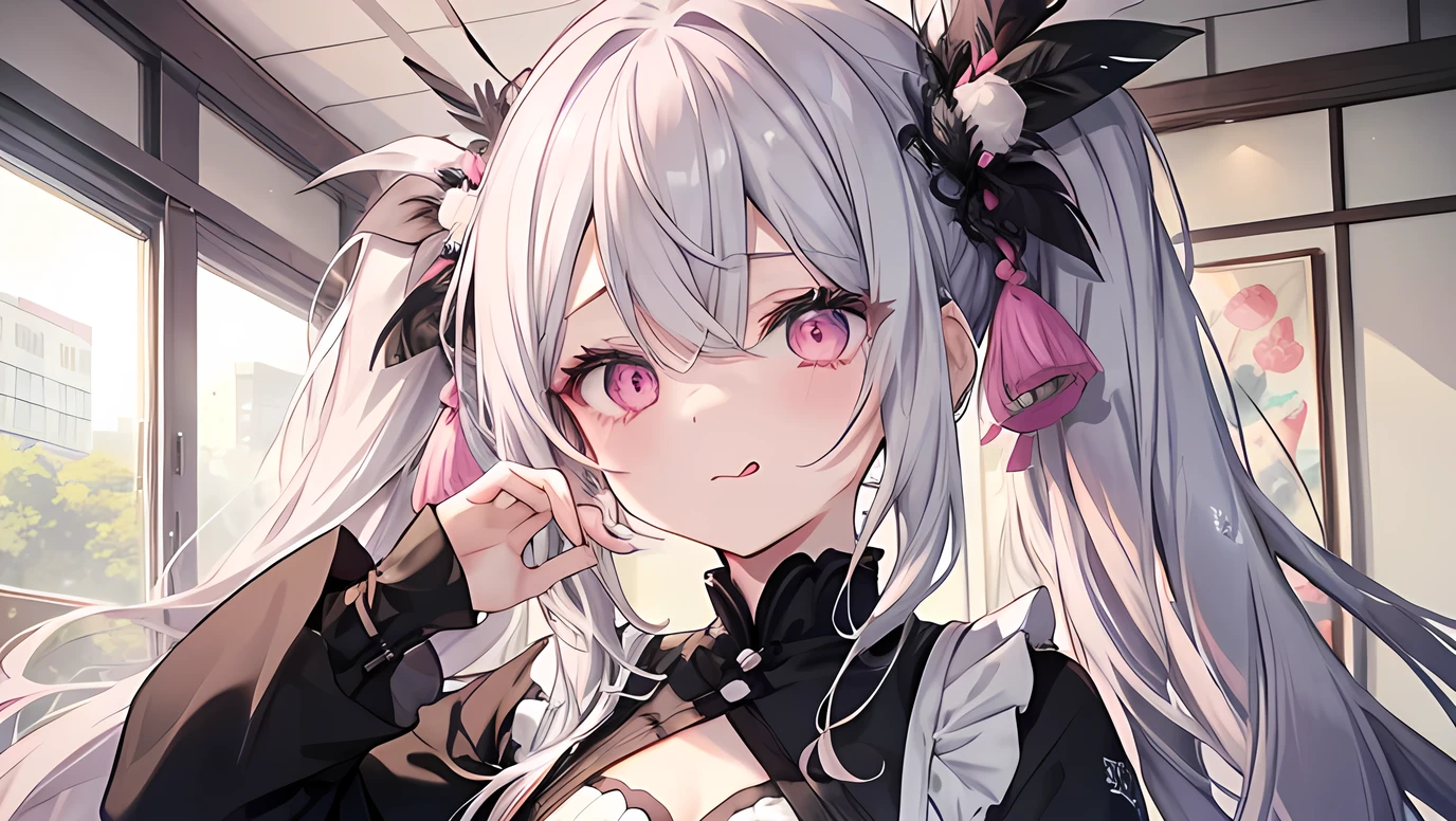 one girl, very beautiful face, beautiful eyes, detailed eyes, detailed face, detailed hair, masterpiece, anime girl, pink eyes, silver hair, , kawaii, two pony tails, hair pins, hair accessories, very young, big , pixiv, illustration, very high quality, masterpiece, vampire teeth, fangs, pink cheeks, looks at you, seductive smile, seductive, sitting on coach, pink background, sexy